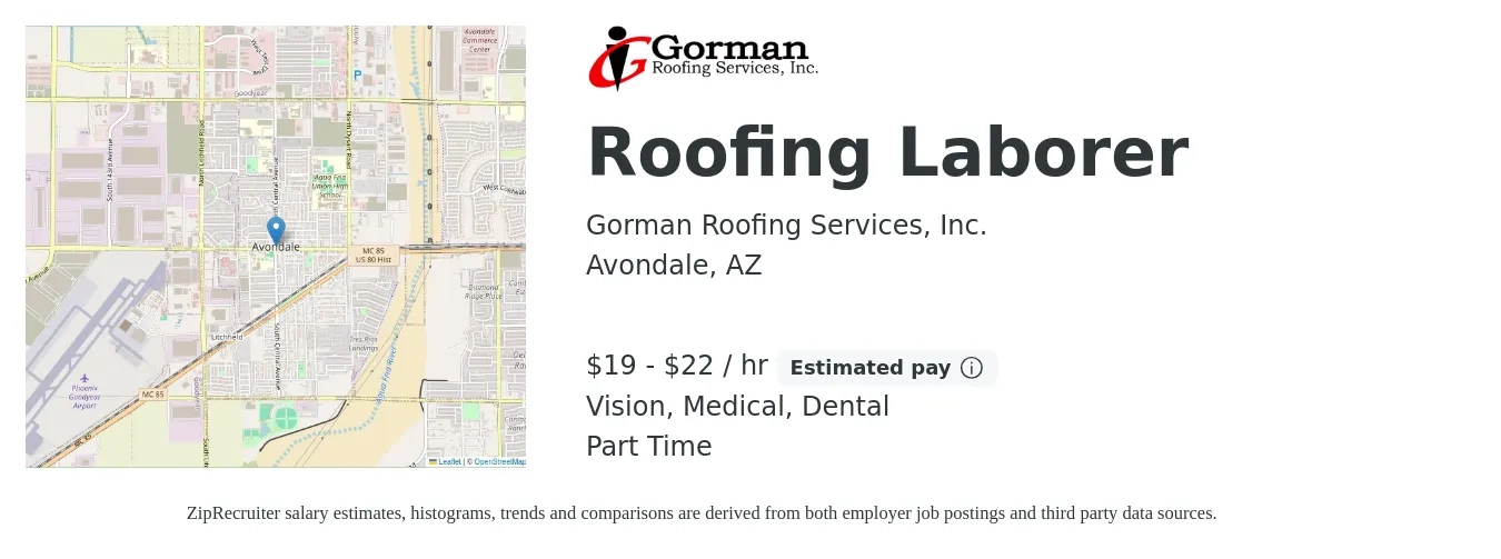 Gorman Roofing Services, Inc. job posting for a Roofing Laborer in Avondale, AZ with a salary of $20 to $23 Hourly and benefits including dental, life_insurance, medical, pto, retirement, and vision with a map of Avondale location.
