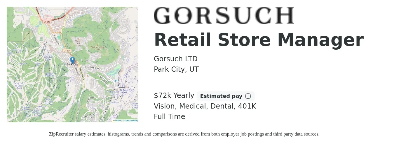Gorsuch LTD job posting for a Retail Store Manager in Park City, UT with a salary of $72,000 Yearly and benefits including 401k, dental, life_insurance, medical, and vision with a map of Park City location.