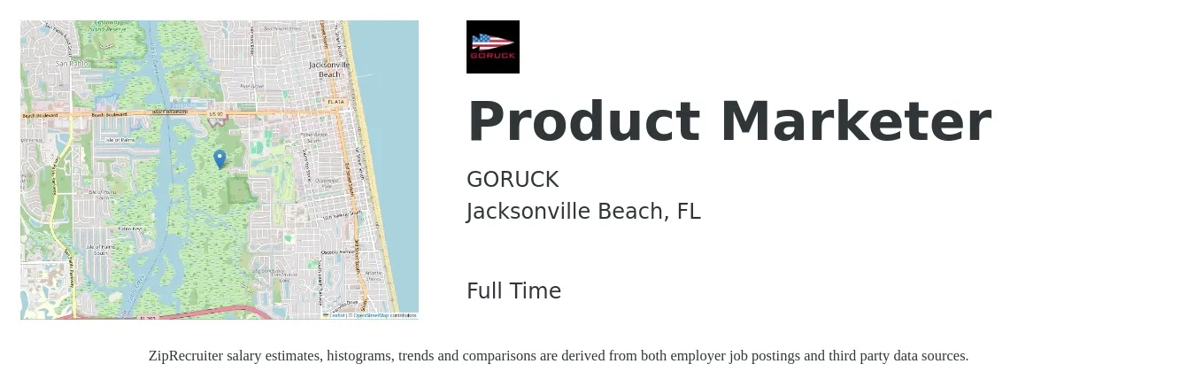 GORUCK job posting for a Product Marketer in Jacksonville Beach, FL with a salary of $16 to $45 Hourly with a map of Jacksonville Beach location.