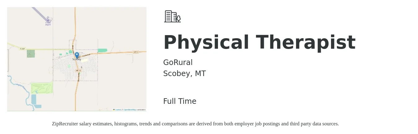 GoRural job posting for a Physical Therapist in Scobey, MT with a salary of $1,500 to $1,950 Weekly with a map of Scobey location.
