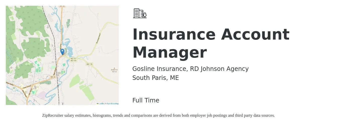 Gosline Insurance, RD Johnson Agency job posting for a Insurance Account Manager in South Paris, ME with a salary of $38,900 to $55,300 Yearly with a map of South Paris location.