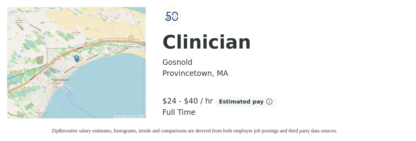 Gosnold job posting for a Clinician in Provincetown, MA with a salary of $25 to $42 Hourly with a map of Provincetown location.