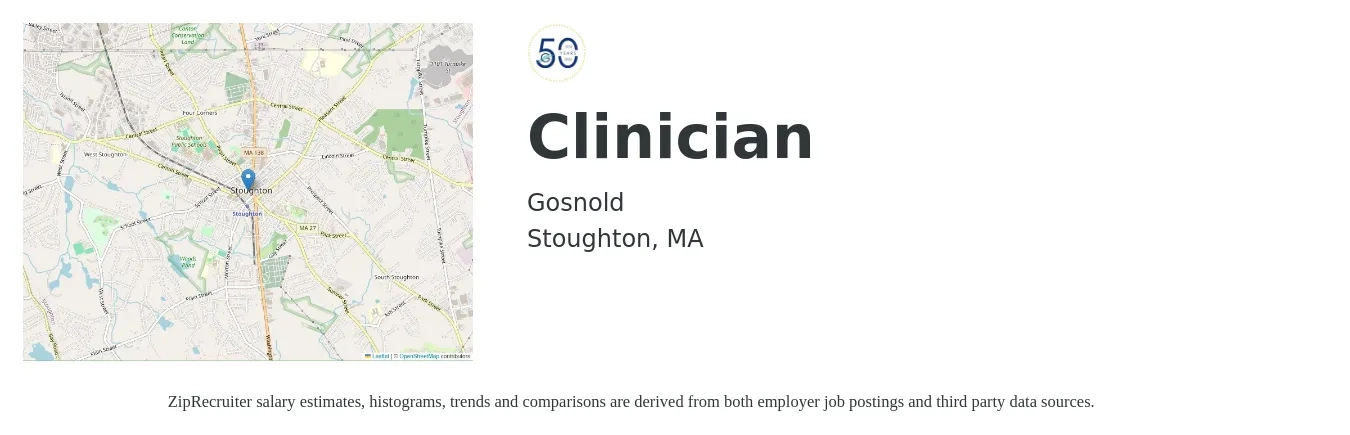 Gosnold job posting for a Clinician in Stoughton, MA with a salary of $25 to $42 Hourly with a map of Stoughton location.