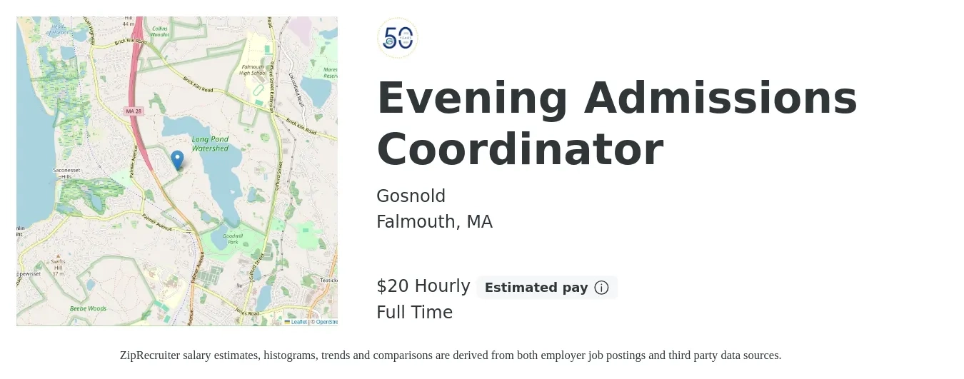 Gosnold job posting for a Evening Admissions Coordinator in Falmouth, MA with a salary of $21 Hourly with a map of Falmouth location.