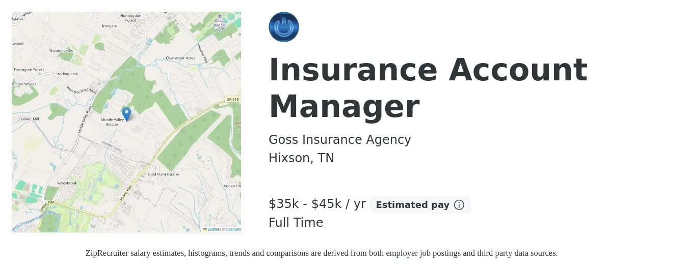 Goss Insurance Agency job posting for a Insurance Account Manager in Hixson, TN with a salary of $35,000 to $45,000 Yearly with a map of Hixson location.