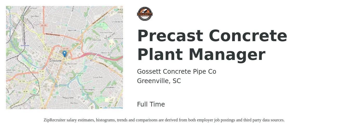 Gossett Concrete Pipe Co job posting for a Precast Concrete Plant Manager in Greenville, SC with a salary of $85,600 to $132,100 Yearly with a map of Greenville location.