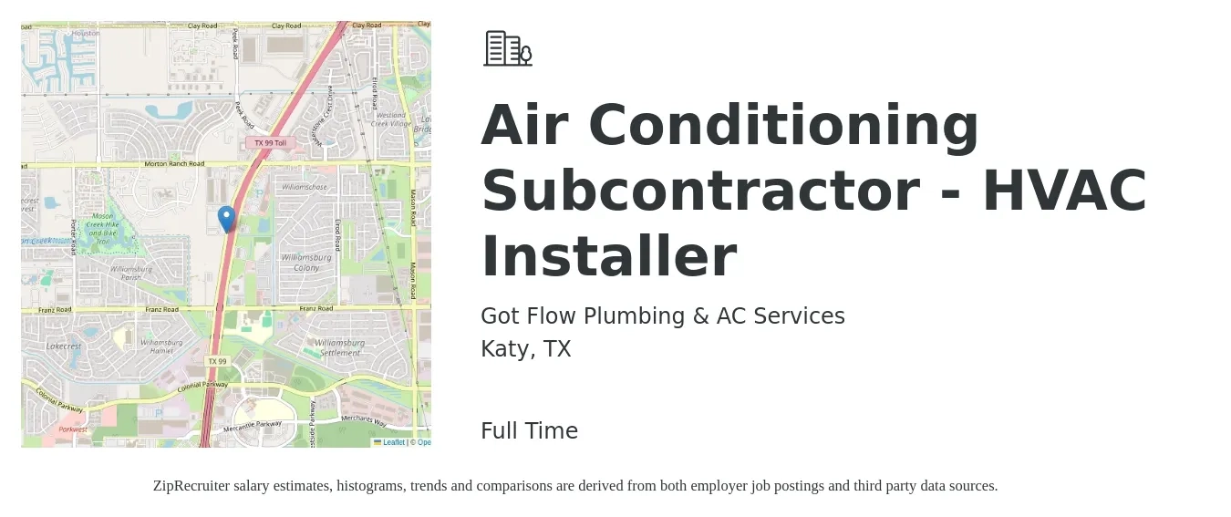 Got Flow Plumbing & AC Services job posting for a Air Conditioning Subcontractor - HVAC Installer in Katy, TX with a salary of $2,000 Weekly with a map of Katy location.