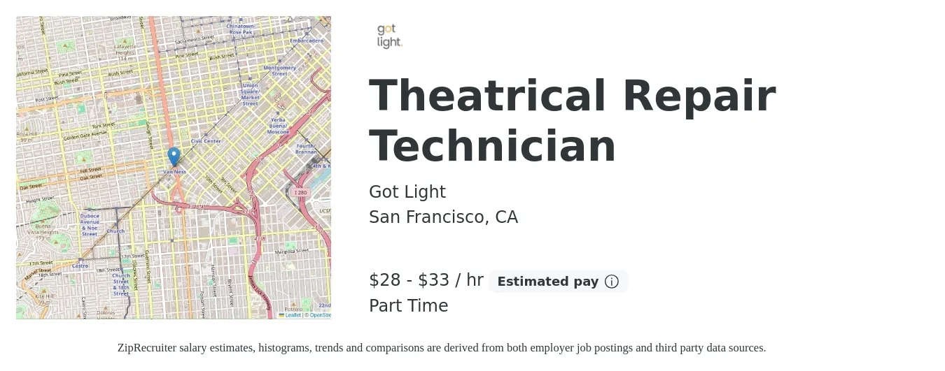 Got Light job posting for a Theatrical Repair Technician in San Francisco, CA with a salary of $30 to $35 Hourly with a map of San Francisco location.