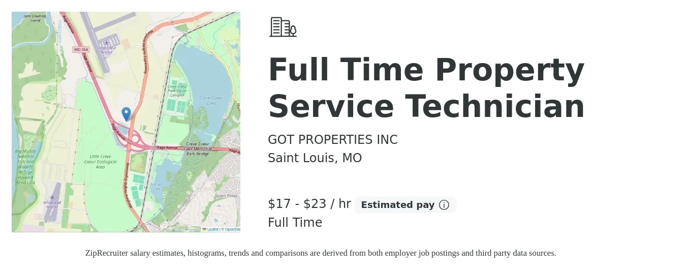 GOT PROPERTIES INC job posting for a Full Time Property Service Technician in Saint Louis, MO with a salary of $18 to $24 Hourly with a map of Saint Louis location.