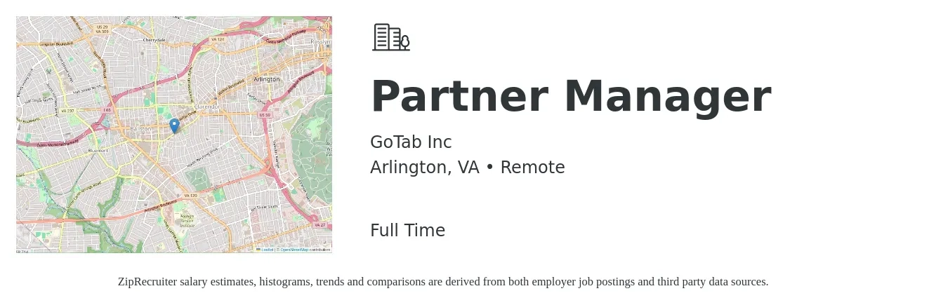 GoTab Inc job posting for a Partner Manager in Arlington, VA with a salary of $73,100 to $137,500 Yearly with a map of Arlington location.