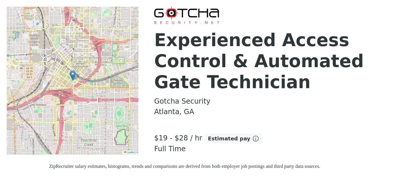Gotcha Security job posting for a Experienced Access Control & Automated Gate Technician in Atlanta, GA with a salary of $20 to $39 Hourly with a map of Atlanta location.