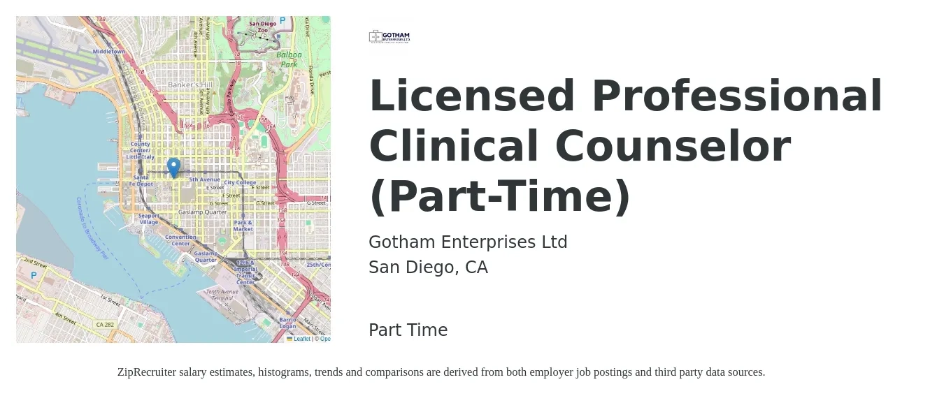Gotham Enterprises Ltd job posting for a Licensed Professional Clinical Counselor (Part-Time) in San Diego, CA with a salary of $50,000 to $70,000 Yearly with a map of San Diego location.