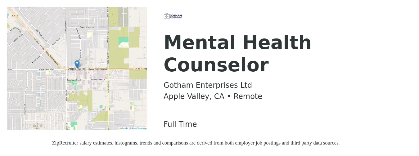 Gotham Enterprises Ltd job posting for a Mental Health Counselor in Apple Valley, CA with a salary of $115,000 to $130,000 Yearly with a map of Apple Valley location.