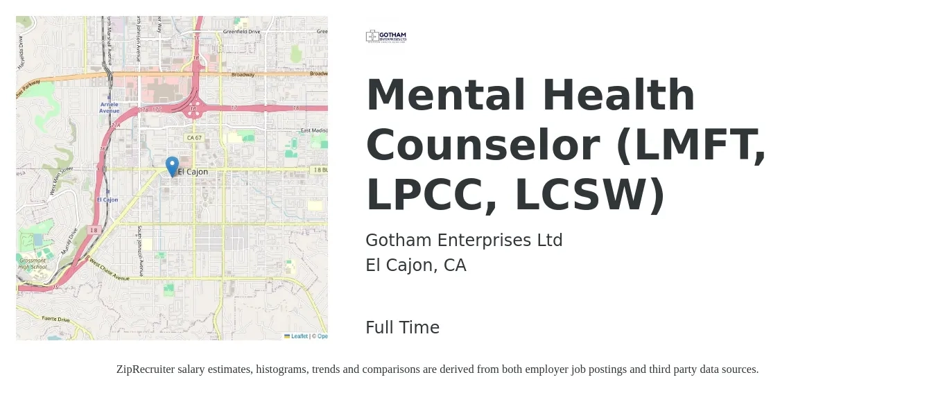 Gotham Enterprises Ltd job posting for a Mental Health Counselor (LMFT, LPCC, LCSW) in El Cajon, CA with a salary of $115,000 to $130,000 Yearly with a map of El Cajon location.