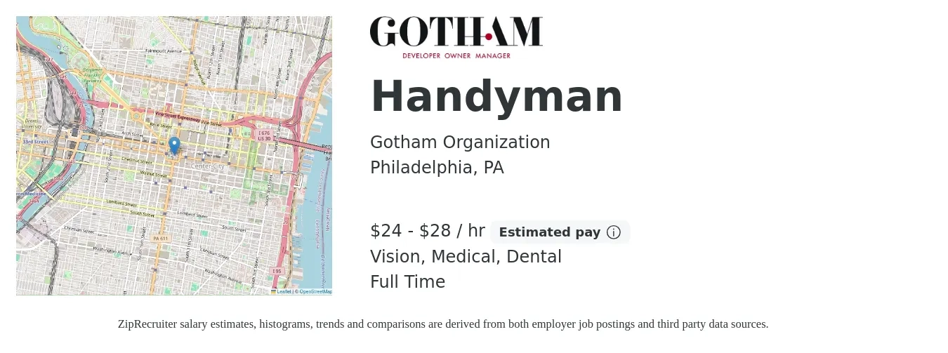Gotham Organization job posting for a Handyman in Philadelphia, PA with a salary of $25 to $30 Hourly and benefits including life_insurance, medical, pto, vision, and dental with a map of Philadelphia location.