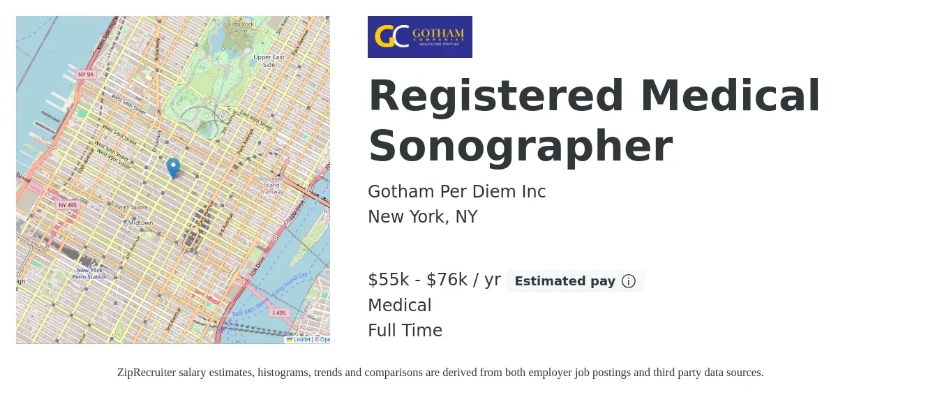 Gotham Per Diem Inc job posting for a Registered Medical Sonographer in New York, NY with a salary of $55,000 to $76,000 Yearly and benefits including medical with a map of New York location.