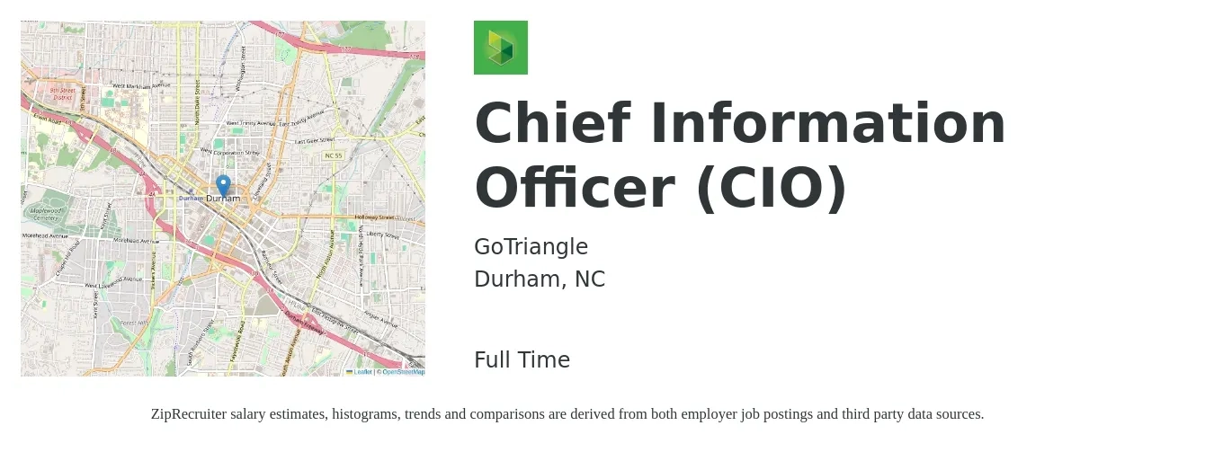 GoTriangle job posting for a Chief Information Officer (CIO) in Durham, NC with a salary of $113,300 to $170,800 Yearly with a map of Durham location.
