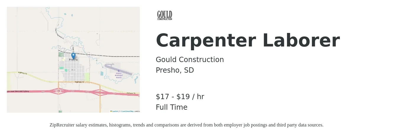 Gould Construction job posting for a Carpenter Laborer in Presho, SD with a salary of $18 to $20 Hourly with a map of Presho location.