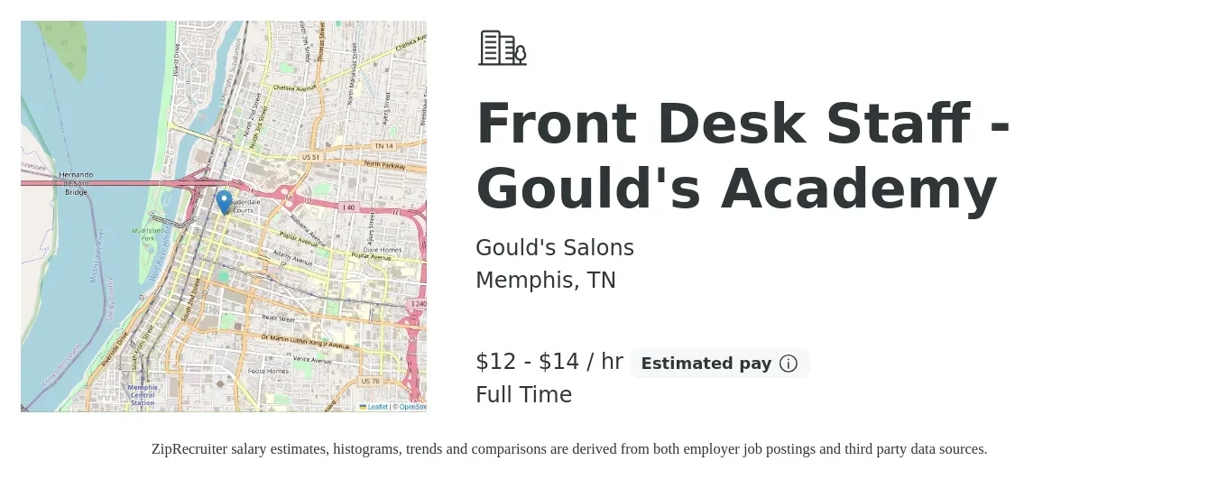 Gould's Salons job posting for a Front Desk Staff -Gould's Academy in Memphis, TN with a salary of $13 to $15 Hourly with a map of Memphis location.