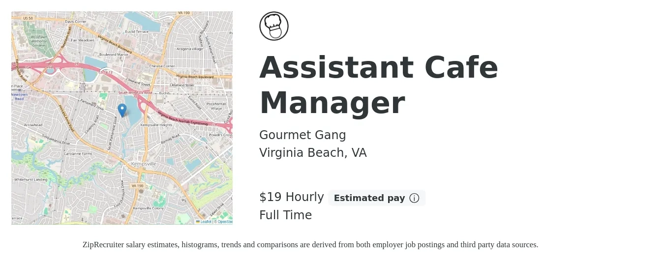 Gourmet Gang job posting for a Assistant Cafe Manager in Virginia Beach, VA with a salary of $20 Hourly with a map of Virginia Beach location.