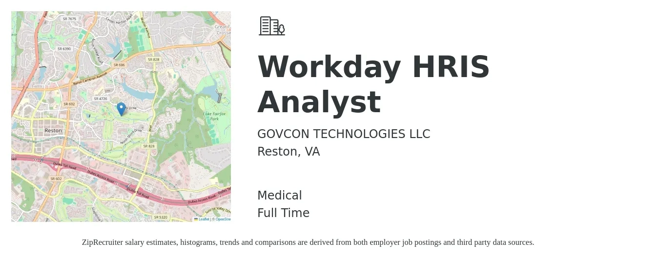 GOVCON TECHNOLOGIES LLC job posting for a Workday HRIS Analyst in Reston, VA with a salary of $72,300 to $111,300 Yearly and benefits including medical with a map of Reston location.