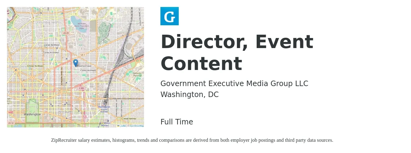Government Executive Media Group LLC job posting for a Director, Event Content in Washington, DC with a salary of $94,800 to $182,900 Yearly with a map of Washington location.