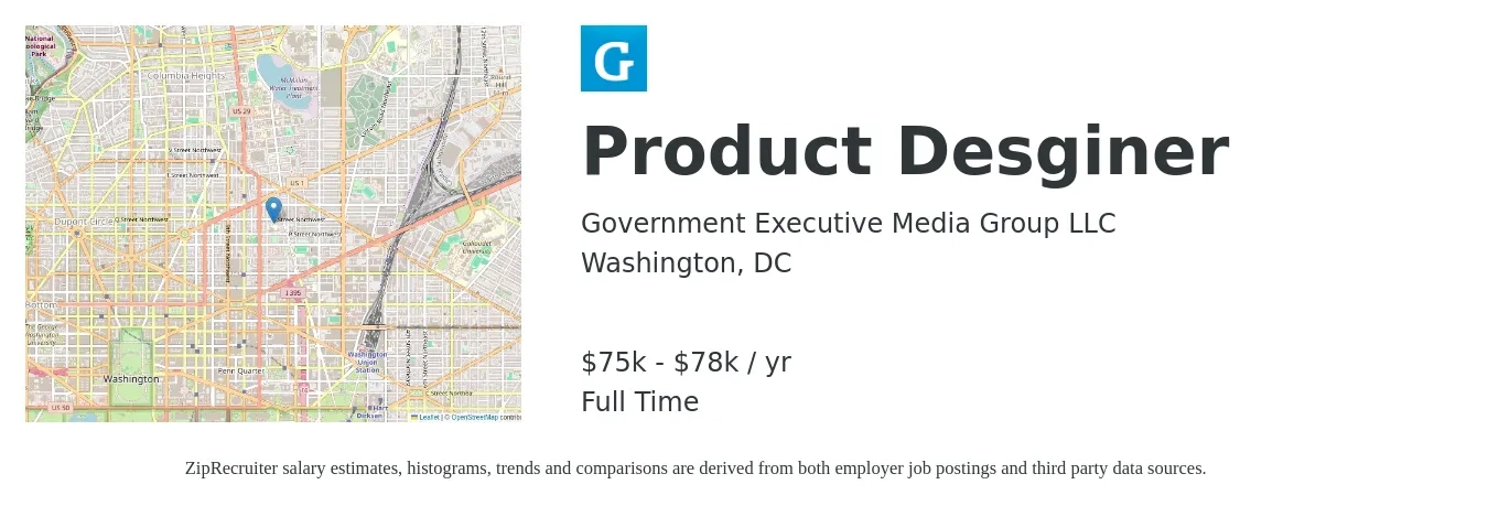 Government Executive Media Group LLC job posting for a Product Desginer in Washington, DC with a salary of $75,000 to $78,000 Yearly with a map of Washington location.