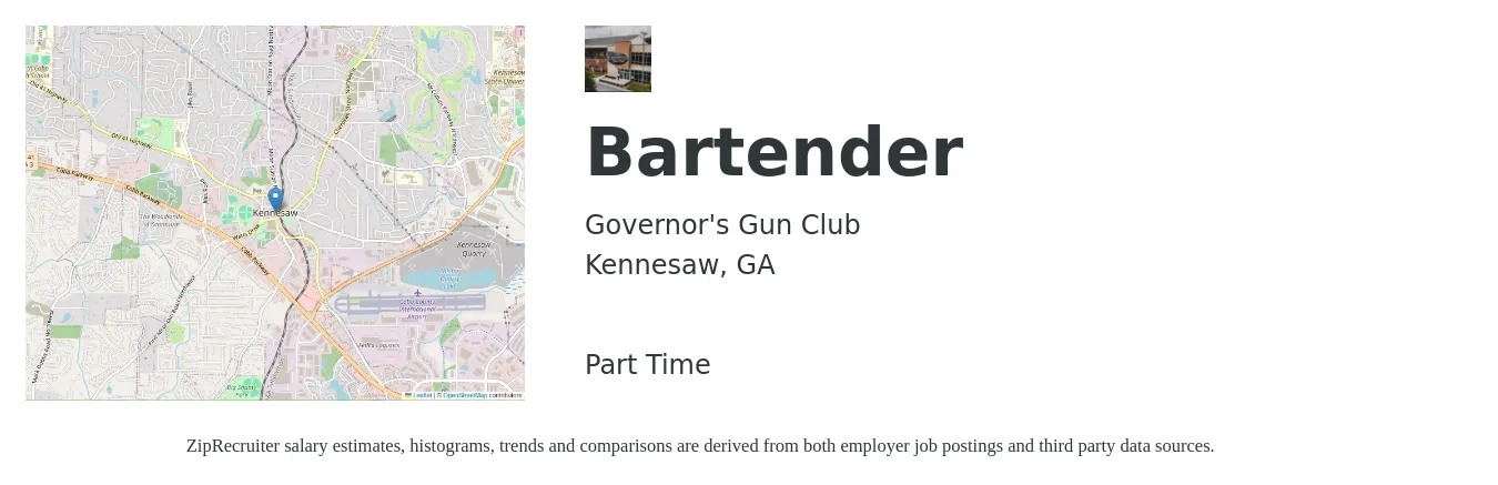 Governor's Gun Club job posting for a Bartender in Kennesaw, GA with a salary of $9 to $17 Hourly with a map of Kennesaw location.