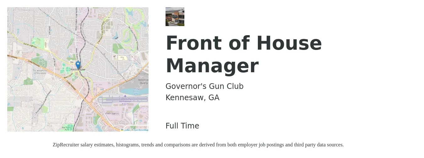 Governor's Gun Club job posting for a Front of House Manager in Kennesaw, GA with a salary of $14 to $26 Hourly with a map of Kennesaw location.