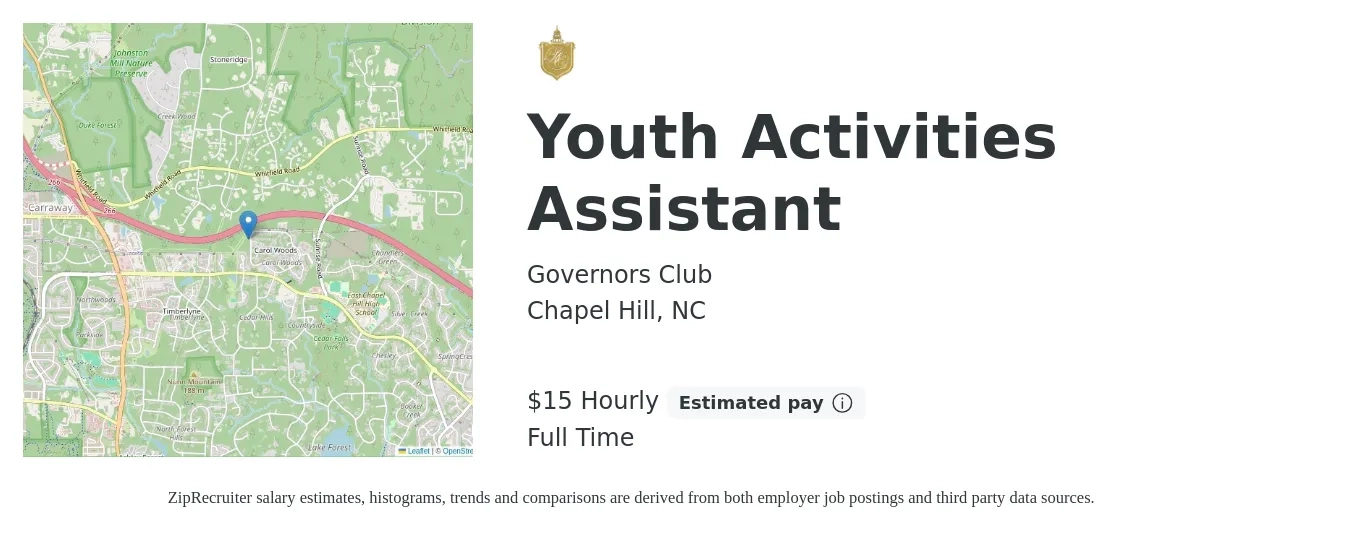 Governors Club job posting for a Youth Activities Assistant in Chapel Hill, NC with a salary of $16 Hourly with a map of Chapel Hill location.