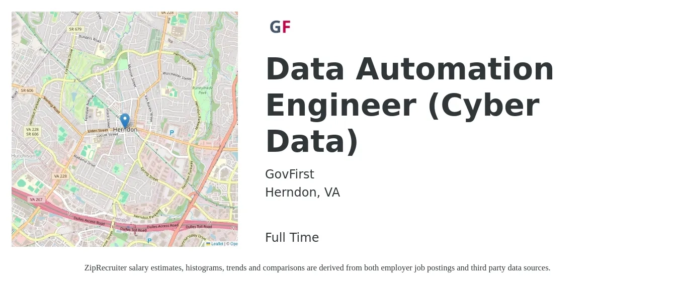 GovFirst job posting for a Data Automation Engineer (Cyber Data) in Herndon, VA with a salary of $90,300 to $128,900 Yearly with a map of Herndon location.