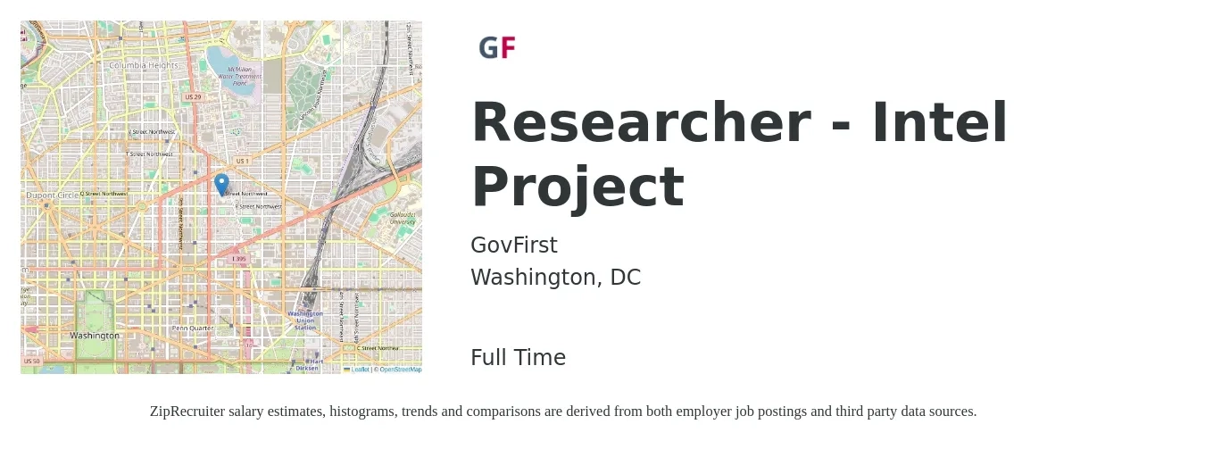 GovFirst job posting for a Researcher - Intel Project in Washington, DC with a salary of $75,600 to $173,800 Yearly with a map of Washington location.