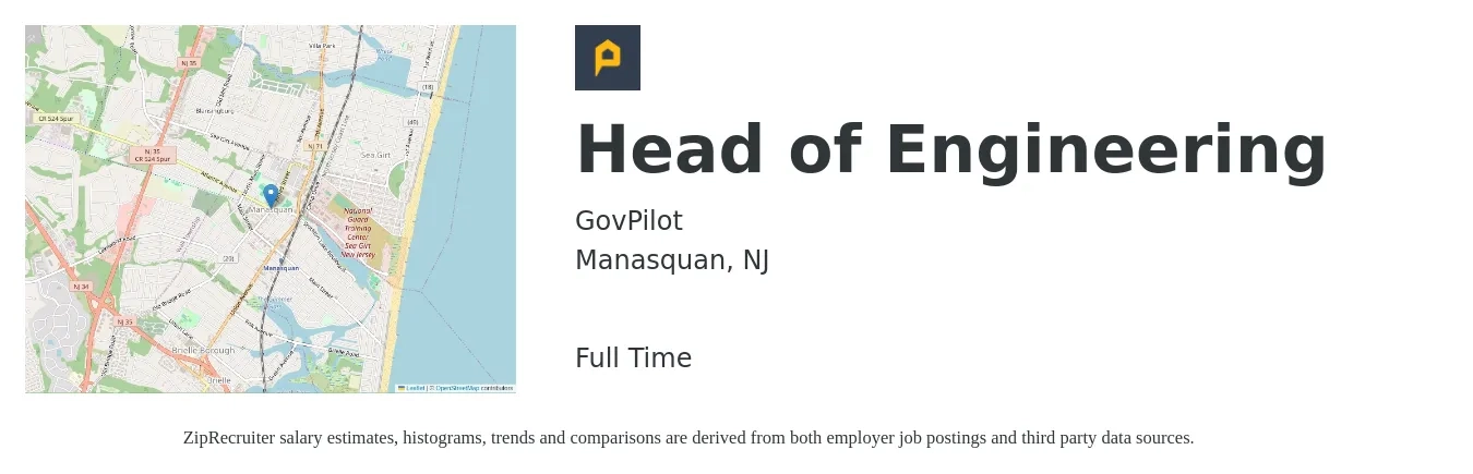 GovPilot job posting for a Head of Engineering in Manasquan, NJ with a salary of $140,000 to $250,300 Yearly with a map of Manasquan location.
