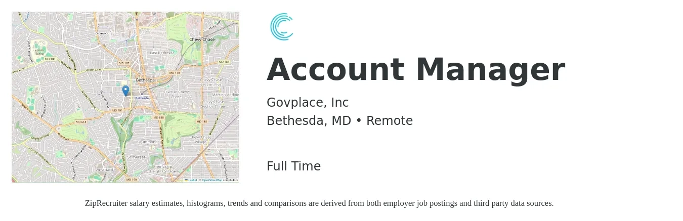 Govplace, Inc job posting for a Account Manager in Bethesda, MD with a salary of $51,200 to $83,800 Yearly with a map of Bethesda location.