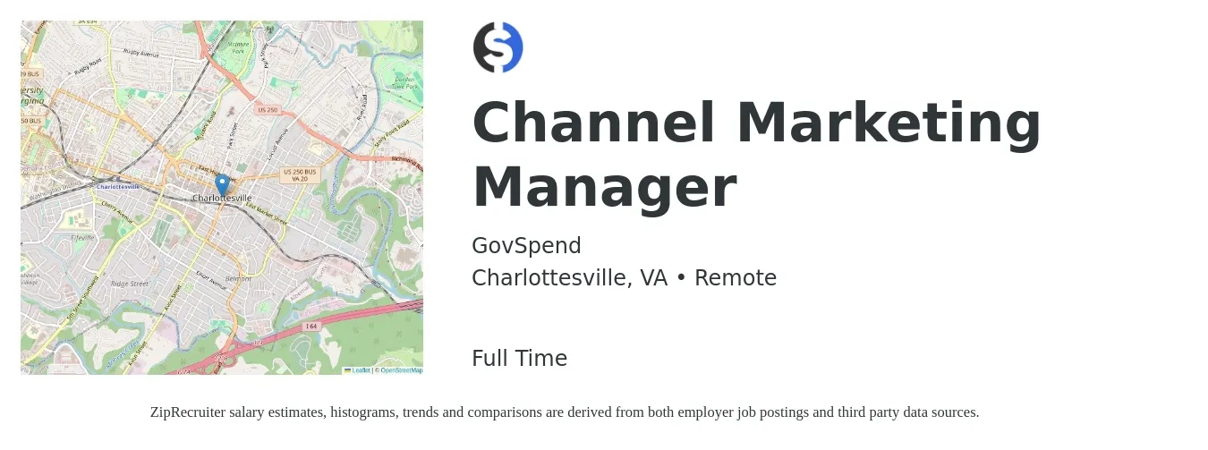GovSpend job posting for a Channel Marketing Manager in Charlottesville, VA with a salary of $81,800 to $138,900 Yearly with a map of Charlottesville location.