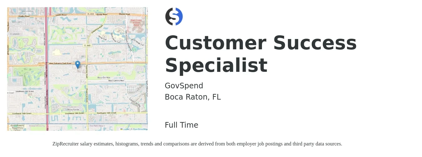 GovSpend job posting for a Customer Success Specialist in Boca Raton, FL with a salary of $17 to $24 Hourly with a map of Boca Raton location.