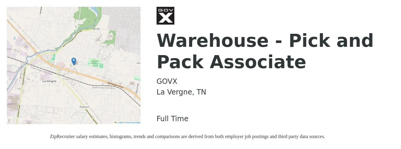 GovX job posting for a Warehouse - Pick and Pack Associate in La Vergne, TN with a salary of $19 to $21 Hourly with a map of La Vergne location.
