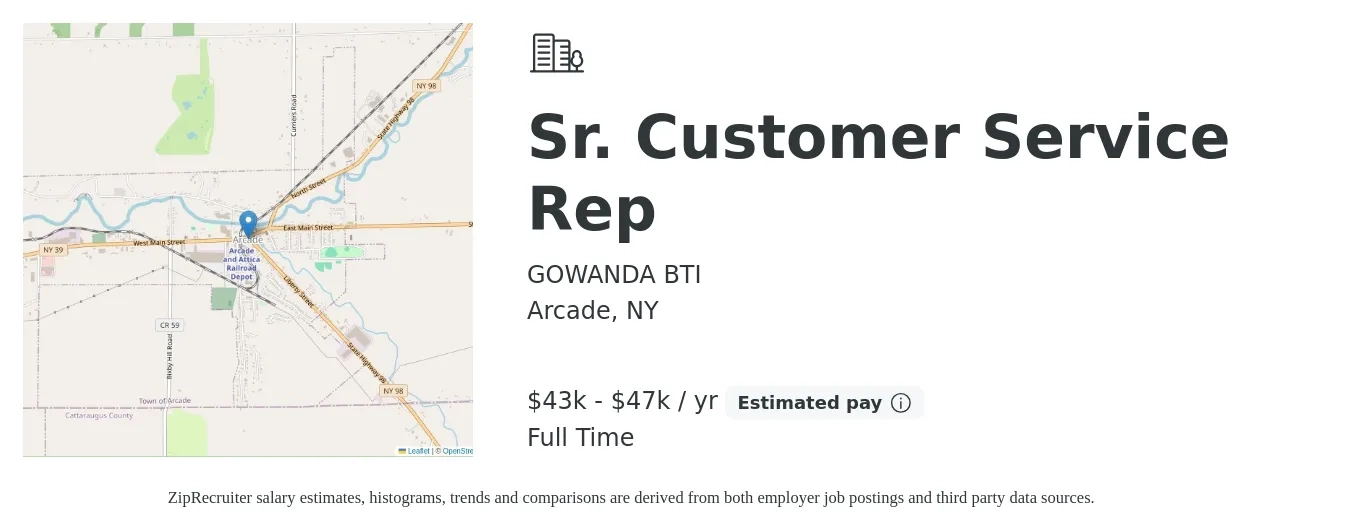 GOWANDA BTI job posting for a Sr. Customer Service Rep in Arcade, NY with a salary of $43,000 to $47,000 Yearly with a map of Arcade location.