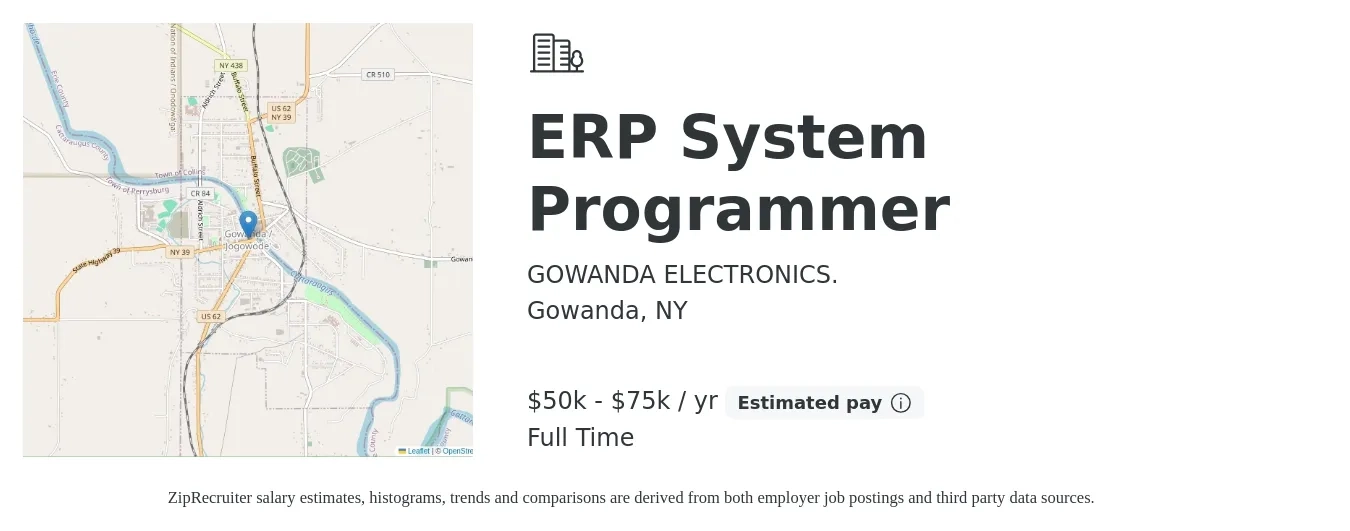 GOWANDA ELECTRONICS. job posting for a ERP System Programmer in Gowanda, NY with a salary of $50,000 to $75,000 Yearly with a map of Gowanda location.