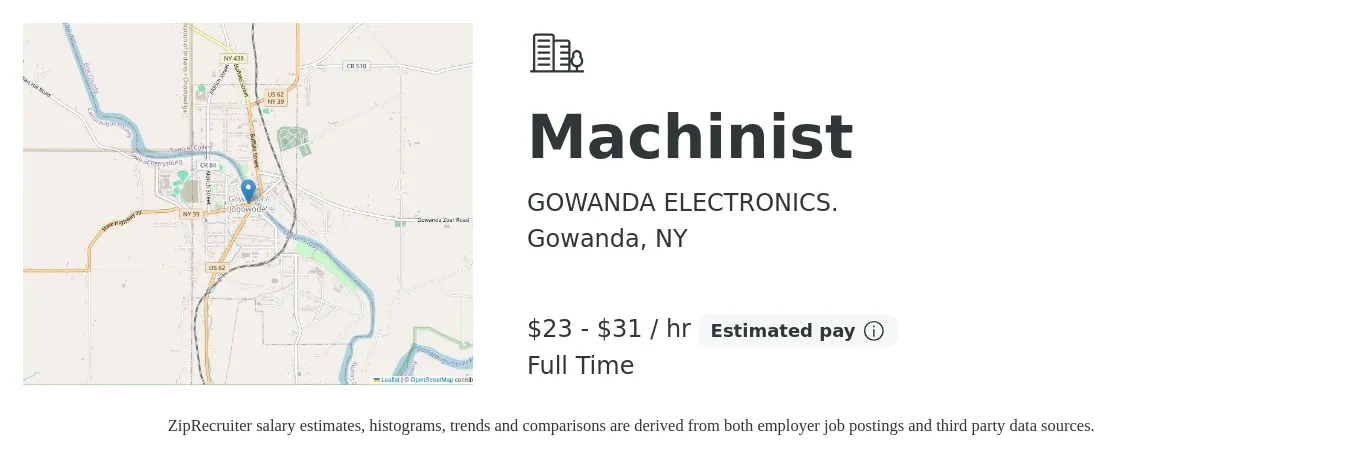 GOWANDA ELECTRONICS. job posting for a Machinist in Gowanda, NY with a salary of $20 to $28 Hourly with a map of Gowanda location.