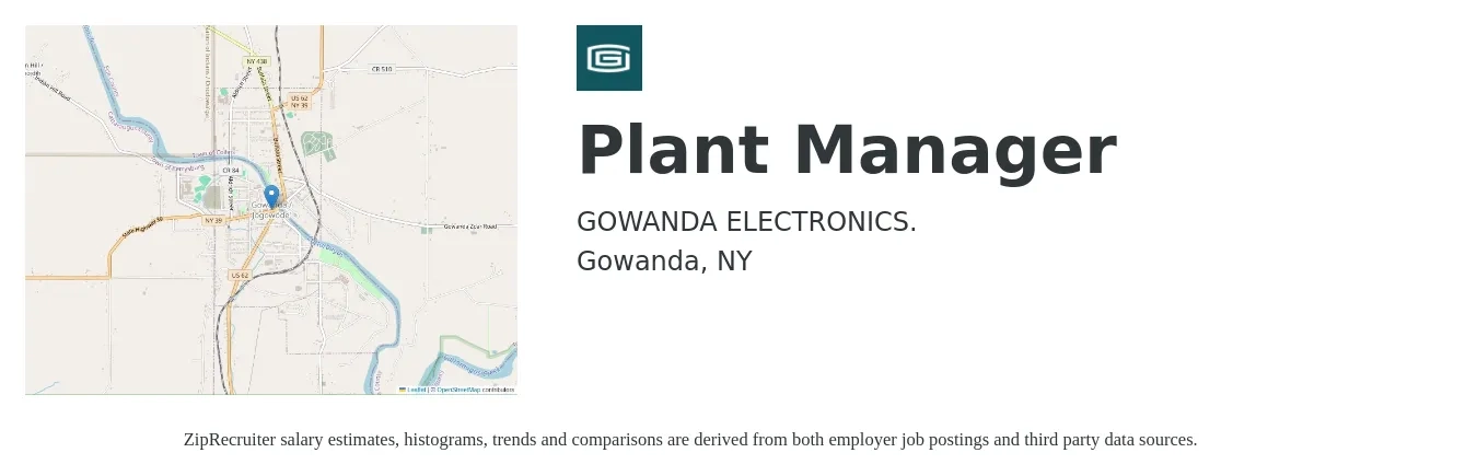 GOWANDA ELECTRONICS. job posting for a Plant Manager in Gowanda, NY with a salary of $70,000 to $100,000 Yearly with a map of Gowanda location.