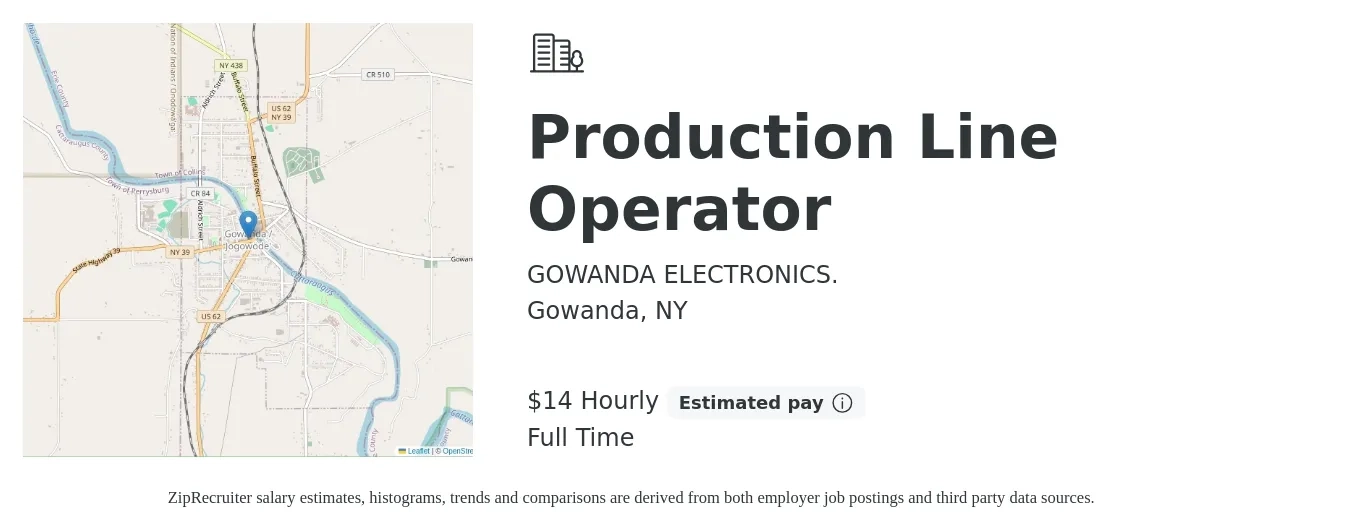 GOWANDA ELECTRONICS. job posting for a Production Line Operator in Gowanda, NY with a salary of $16 Hourly with a map of Gowanda location.
