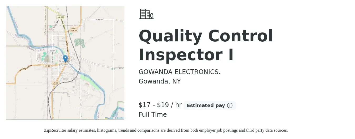 GOWANDA ELECTRONICS. job posting for a Quality Control Inspector I in Gowanda, NY with a salary of $18 to $20 Hourly with a map of Gowanda location.