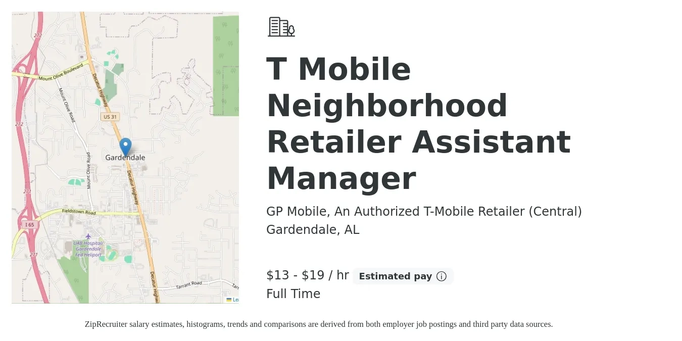 GP Mobile, An Authorized T-Mobile Retailer (Central) job posting for a T Mobile Neighborhood Retailer Assistant Manager in Gardendale, AL with a salary of $14 to $20 Hourly with a map of Gardendale location.