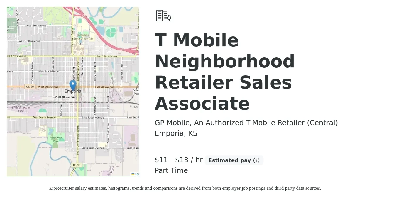 GP Mobile, An Authorized T-Mobile Retailer (Central) job posting for a T Mobile Neighborhood Retailer Sales Associate in Emporia, KS with a salary of $12 to $14 Hourly with a map of Emporia location.