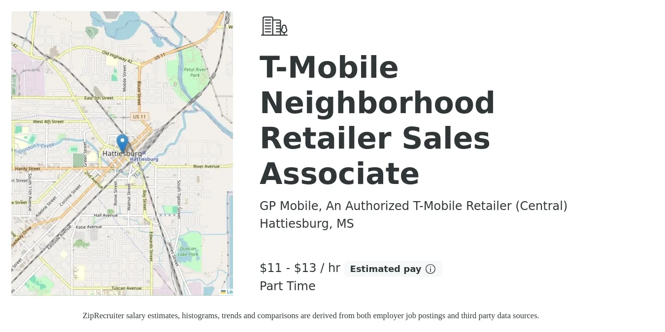 GP Mobile, An Authorized T-Mobile Retailer (Central) job posting for a T-Mobile Neighborhood Retailer Sales Associate in Hattiesburg, MS with a salary of $12 to $14 Hourly with a map of Hattiesburg location.