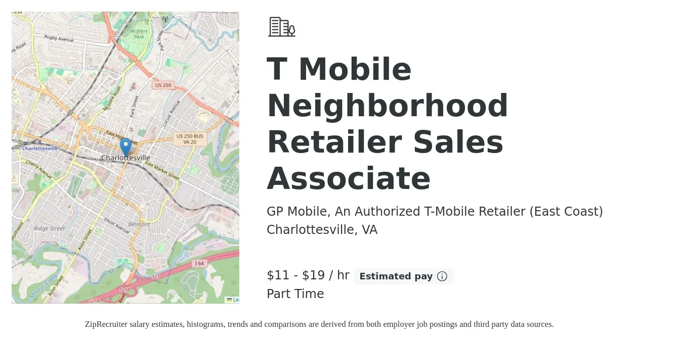 GP Mobile, An Authorized T-Mobile Retailer (East Coast) job posting for a T Mobile Neighborhood Retailer Sales Associate in Charlottesville, VA with a salary of $12 to $20 Hourly with a map of Charlottesville location.