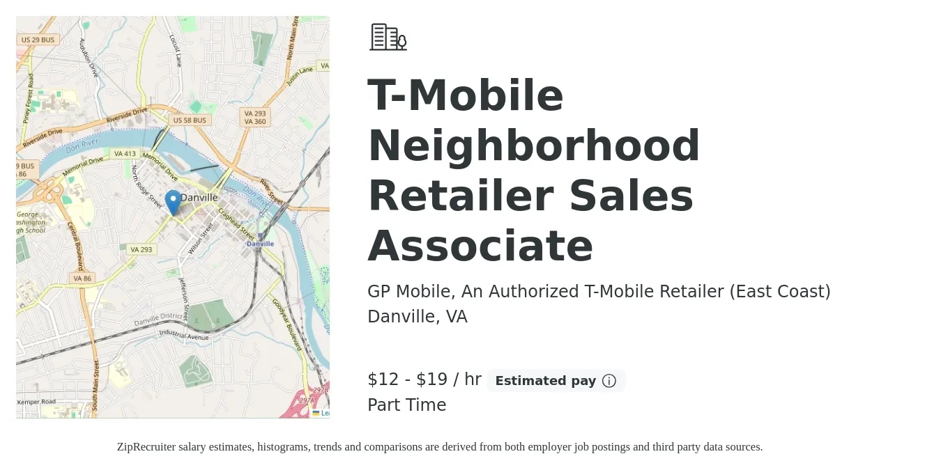 GP Mobile, An Authorized T-Mobile Retailer (East Coast) job posting for a T-Mobile Neighborhood Retailer Sales Associate in Danville, VA with a salary of $12 to $20 Hourly with a map of Danville location.
