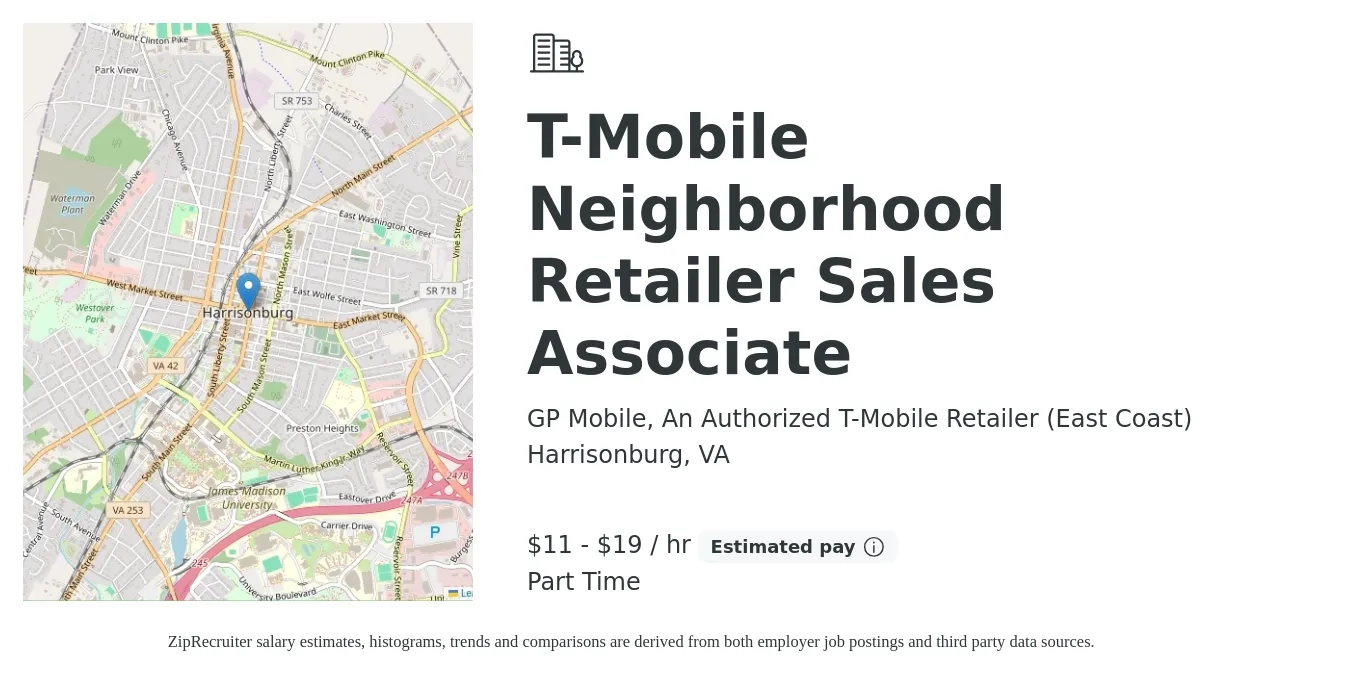 GP Mobile, An Authorized T-Mobile Retailer (East Coast) job posting for a T-Mobile Neighborhood Retailer Sales Associate in Harrisonburg, VA with a salary of $12 to $20 Hourly with a map of Harrisonburg location.