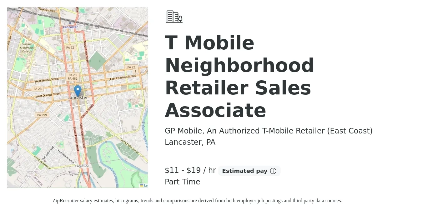 GP Mobile, An Authorized T-Mobile Retailer (East Coast) job posting for a T Mobile Neighborhood Retailer Sales Associate in Lancaster, PA with a salary of $12 to $20 Hourly with a map of Lancaster location.